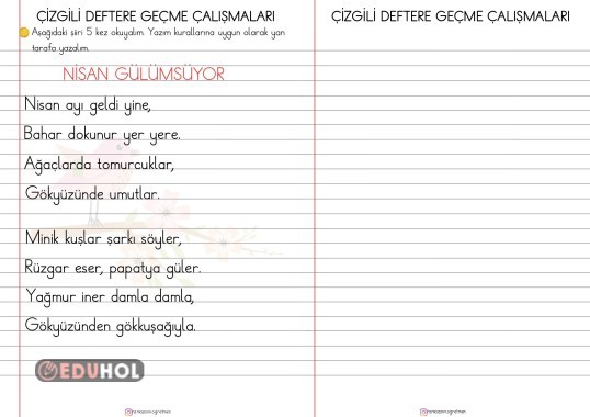 ÇİZGİLİ DEFTERE GEÇME ÇALIŞMALARI- NİSAN GÜLÜMSÜYOR ŞİİRİ