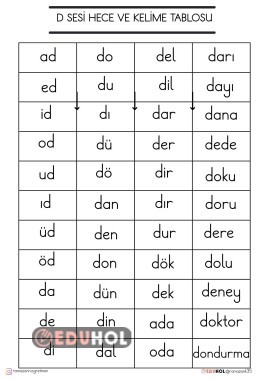D SESİ HECE VE KELİME TABLOSU