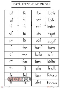 F SESİ HECE VE KELİME TABLOSU