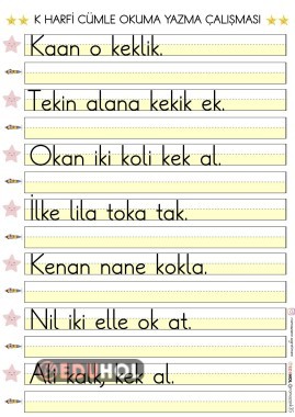 K HARFİ CÜMLE OKUMA YAZMA ÇALIŞMASI