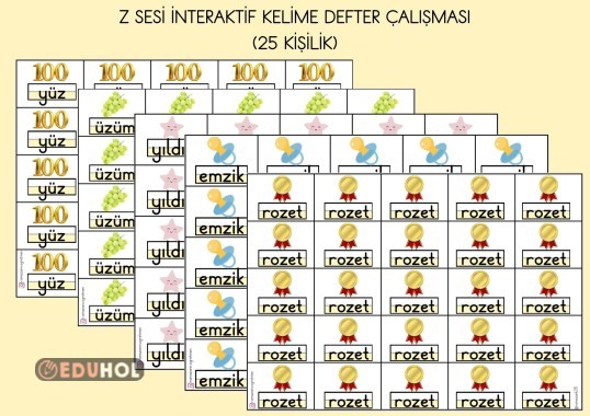 Z SESİ KELİME GÖRSELLERİ İNTERAKTİF DEFTER ÇALIŞMASI (25 KİŞİLİK)