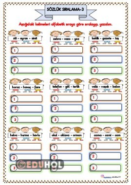 2.SINIF TÜRKÇE - SÖZLÜK SIRASINA GÖRE KELİMELERİ SIRALAMA ÇALIŞMA KAĞIDI 3