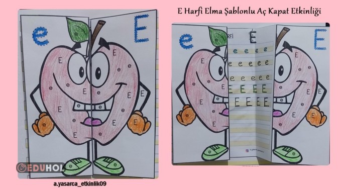 E HARFİ ELMA ŞABLONLU AÇ KAPAT ETKİNLİĞİ (BOYAMALI)