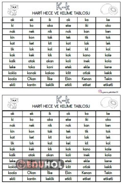 K HARFİ HECE VE KELİMELE TABLOSU