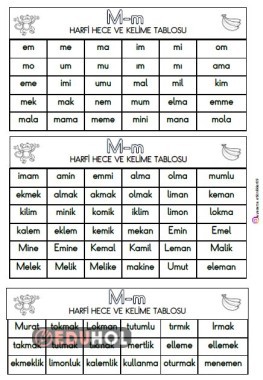 M HARFİ HECE VE KELİMELE TABLOSU