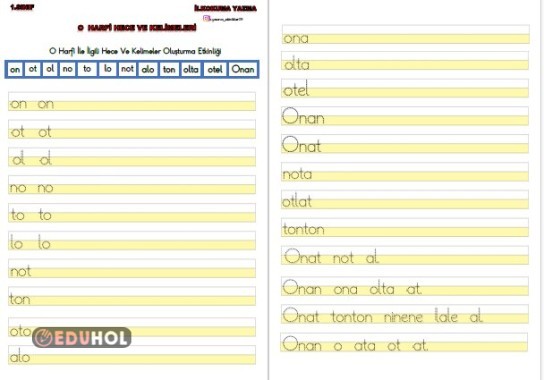 O HARFİ HECE VE KELİMELERİ ÇALIŞMA KAĞIDI