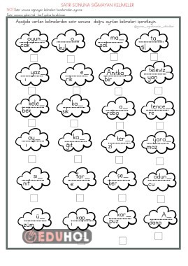 1.Sınıf Satır Sonuna Sığmayan Kelimeler