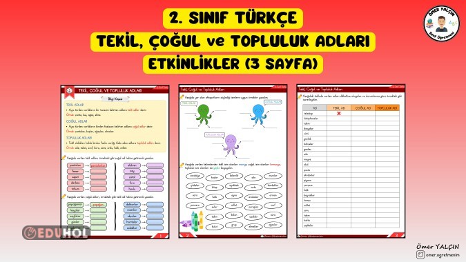 2. SINIF TÜRKÇE TEKİL, ÇOĞUL VE TOPLULUK ADLARI ETKİNLİKLER (3 SAYFA)