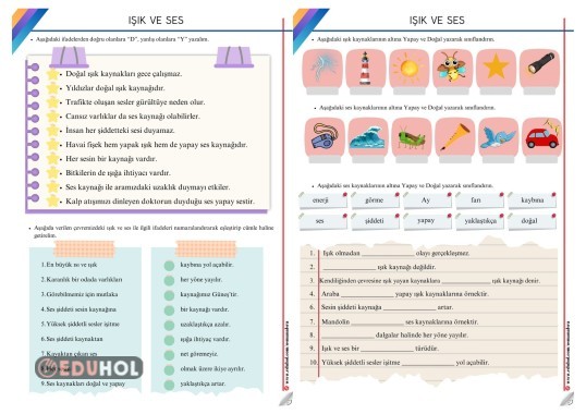 Işık ve Ses Konusu Çalışma Sayfası