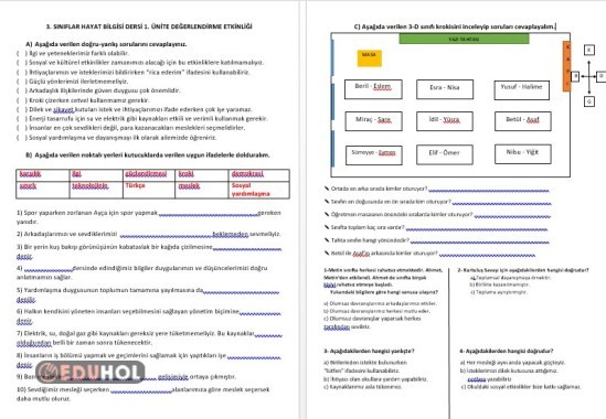 HAYAT BİLGİSİ 1. ÜNİTE DEĞERLENDİRMESİ