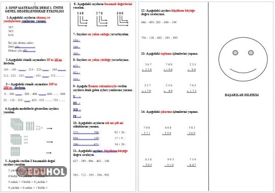 MATEMATİK 1. ÜNİTE DEĞERLENDİRMESİ