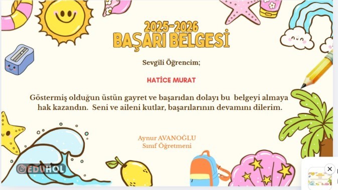 YAZ TATİLİ TEMALI BAŞARI BELGESİ