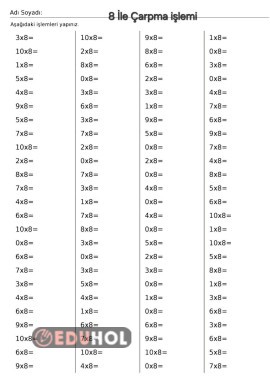 8 İle Çarpma işlemi Çalışma Yaprakları