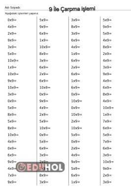9 İle Çarpma İşlemi Çalışma Yaprakları