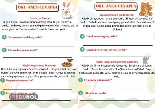 1.SINIF OKU ANLA CEVAPLA ETKİNLİĞİ - 2 SAYFA VE 4 FARKLI METİNDEN OLUŞMAKTADIR