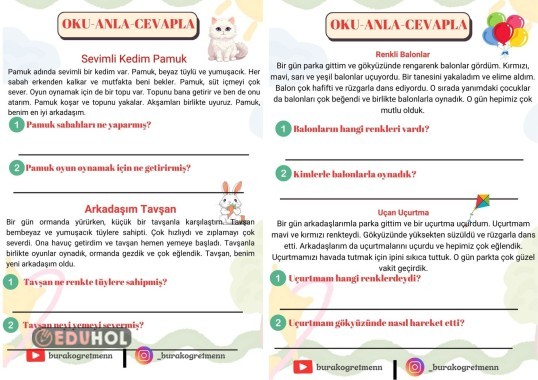 OKU ANLA CEVAPLA ETKİNLİĞİ 2 - (2 FARKLI SAYFA VE 4 FAKRLI METİNDEN OLUŞMAKTADIR.)