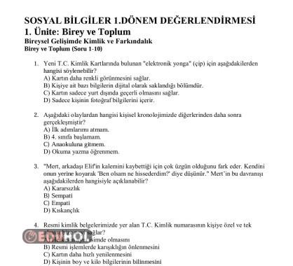 SOSYAL BİLGİLER 100 SORULUK GENEL DEĞERLENDİRME