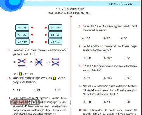 TOPLAMA ÇIKARMA PROBLEMLERİ 10 SORULUK TEST