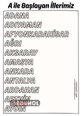 İller Ezber Sayfası(A-B-Ç-D-E)