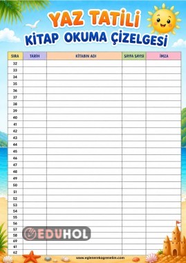 Kitap Okuma Çizelgesi Yaz Temalı
