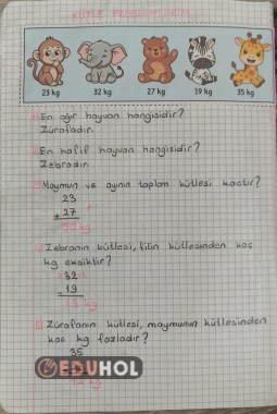 Kütle Ölçme Problem Yaz Defter Çalışması Hayvanlı