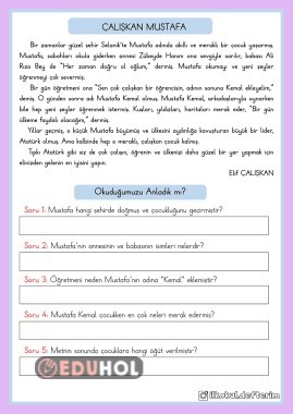 Çalışkan Mustafa adlı Okuduğunu Anlama Metni