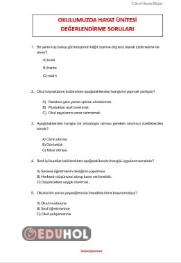 3. Sınıf okulumuzda hayat ünitesi değerlendirme soruları