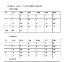 GÜNLÜK ÇALIŞMA PROGRAMI VELİ İMZA TAKİP (KASIM/ARALIK/OCAK AYI)