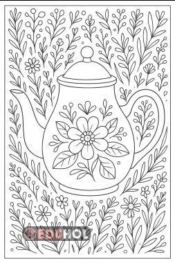 Çiçekli çaydanlık metni boyama sayfası