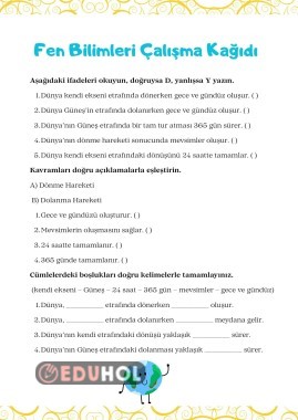 4.Sınıf - Dünya'nın Hareketleri Çalışma Kağıdı