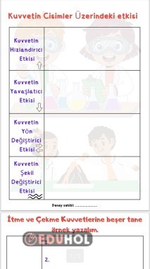 Kuvvetin cisimler üzerindeki etkileri deney şablonu. 4. Sınıf Fen Bilimleri