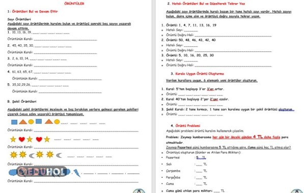 2. sınıf ÖRÜNTÜLER arkalı önlü tek pdf