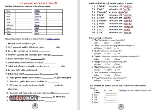 ZIT ANLAMLI KELİMELER ÇALIŞMA SAYFASI ARKALI ÖNLÜ TEK PDF