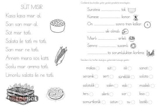 s harfi kesik çizgili metin, cümle tamamlama, hece sayısı bulma