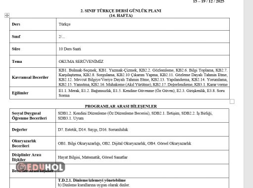 2.SINIF 14.HAFTA(15-19 ARALIK 2025)GÜNLÜK PLANLAR