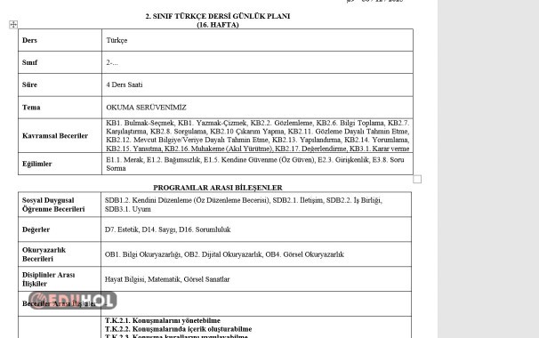 2.SINIF 16.HAFTA GÜNLÜK DERS PLANLARI(29 ARALIK-2 OCAK)