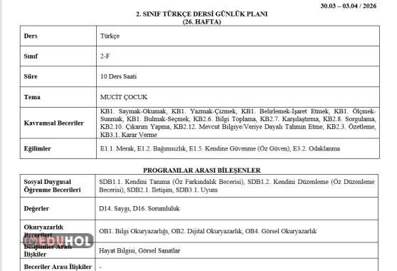2.SINIF 26.HAFTA(30 MART-3 NİSAN 2026)  GÜNLÜK PLANLAR