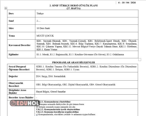 2.SINIF 27.HAFTA(6-10 NİSAN 2026 ) GÜNLÜK DERS PLANLARI