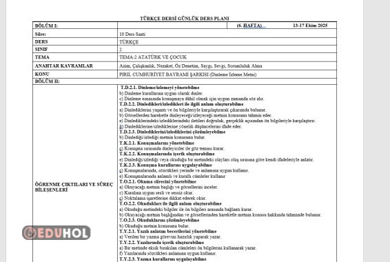2.SINIF 6.HAFTA GÜNLÜK PLANLAR