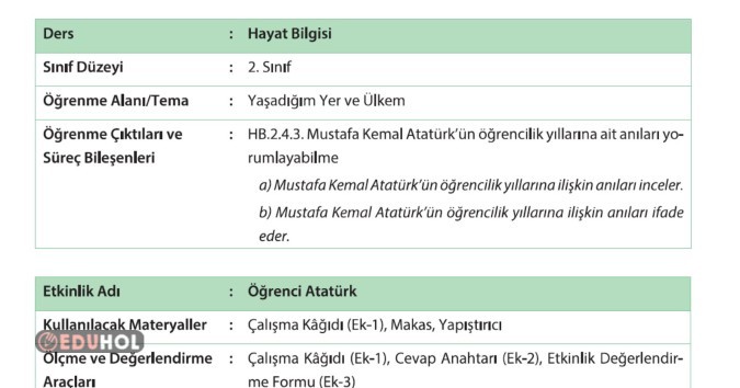 2.SINIF HAYAT BİLGİSİ MUSTAFA KEMAL ATATÜRK ÖĞRENCİLİK YILLARI BİÇİMLENDİRİCİ DEĞERLENDİRME