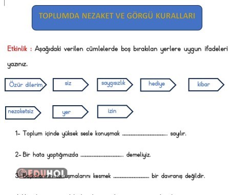 2.SINIF HAYAT BİLGİSİ TOPLUMDA NEZAKET VE GÖRGÜ KURALLARI