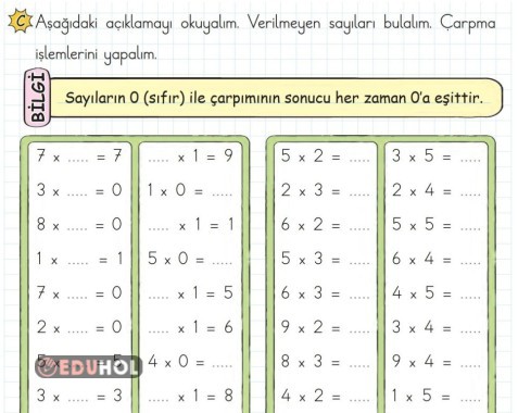2.SINIF MATEMATİK SIFIR İLE ÇARPMA İŞLEMİ ETKİNLİK