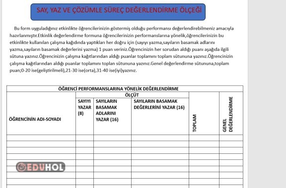 2.SINIF SAY YAZ ÇÖZÜMLE SÜREÇ DEĞERLENDİRME ÖLÇEĞİ