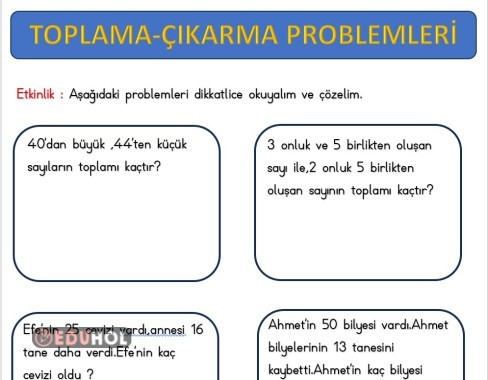 2.SINIF TOPLAMA ÇIKARMA İŞLEMİ PROBLEMLERİ