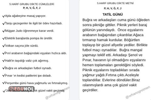 5.HARF GRUBU (P-H-V-Ğ-F-J)  DİKTE METNİ VE CÜMLELERİ