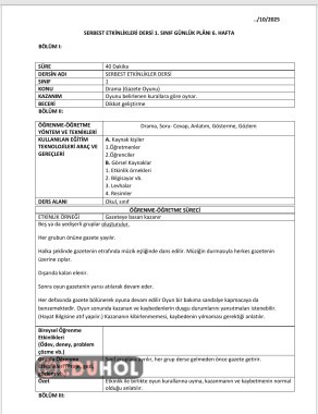 1. Sınıf 6. HAFTA 13-17 Ekim Günlük Planlar