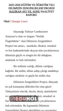 2025-2026 DİLİMİZİN ZENGİNLİKLERİ PROJESİ HAZİRAN AYI YIL SONU FAALİYET RAPORU