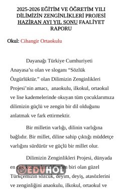 2025-2026 DİLİMİZİN ZENGİNLİKLERİ PROJESİ HAZİRAN AYI YIL SONU FAALİYET RAPORU