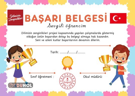 dilimizin zenginlikleri projesi başarı belgesi