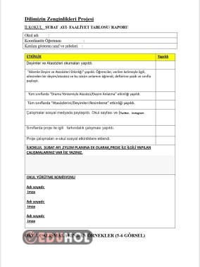 Dilimizin Zenginlikleri Projesi  İLKOKUL   ŞUBAT  AYI- FAALİYET TABLOSU/ RAPORU